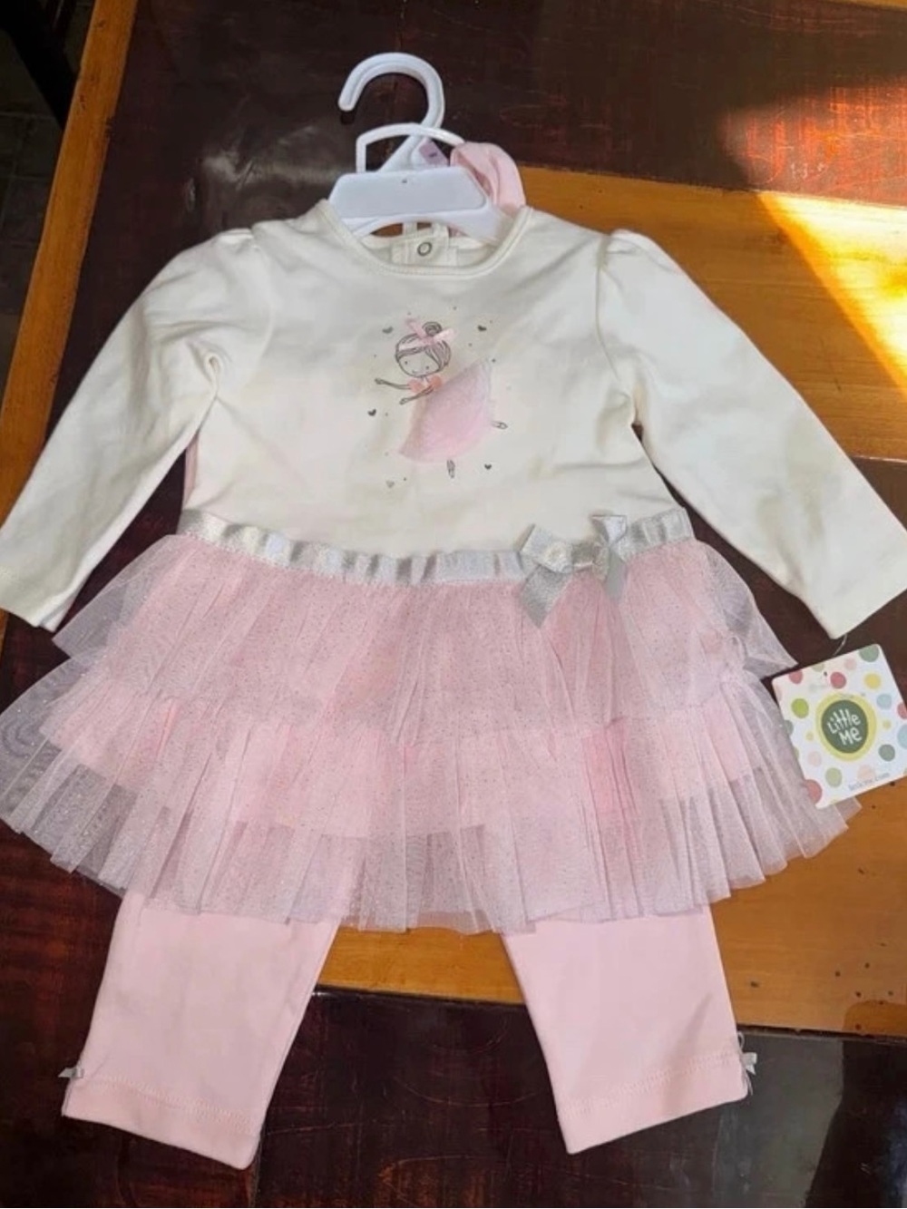 Little Me Cream Top with Pink Tulle Skirt and Pink Leggings Set
